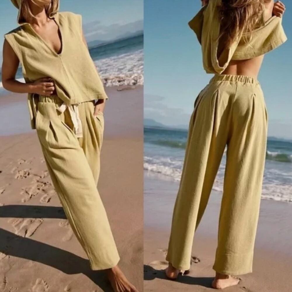 Free People Beach Day Tripper Ribbed Pleated Drawstring Pants Green Size XS